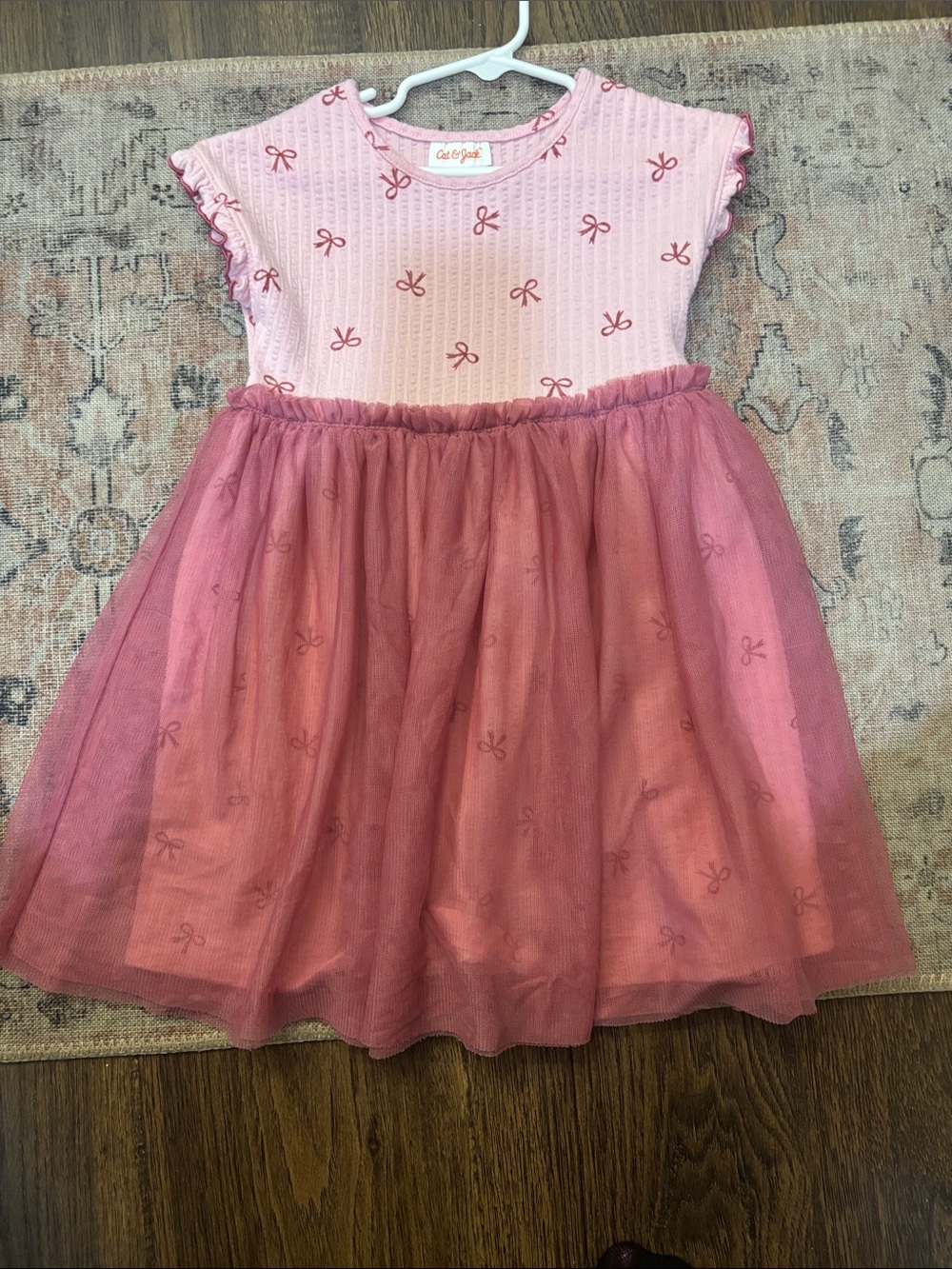 Cat & Jack Pink Ribbed Bodice Tulle Dress with Bow Print
